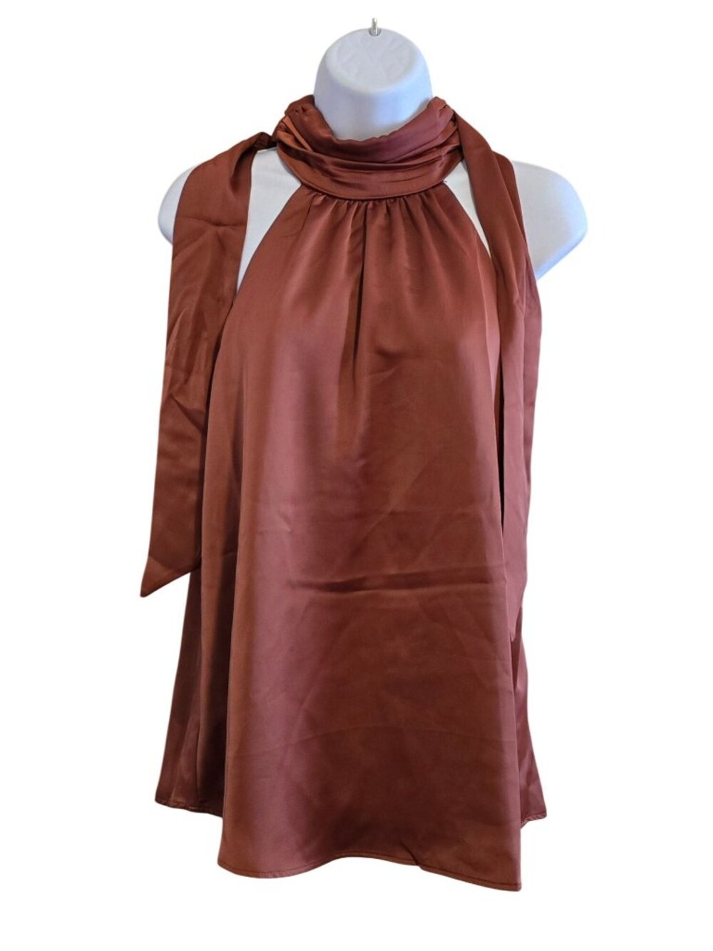 Skies Are Blue Copper Sleeveless Scarf Neck Blouse Chic! glam coquette workwear